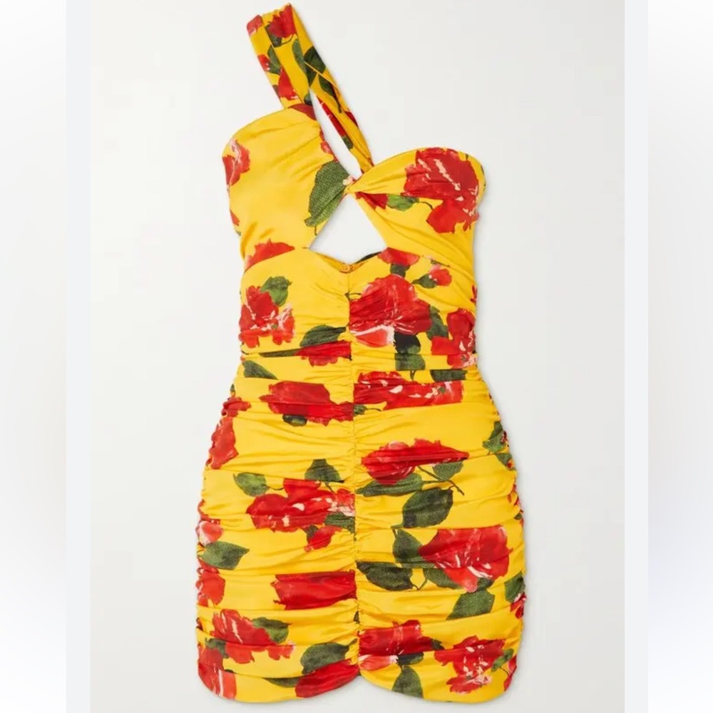 Magda Butrym One-Shoulder Cutout Ruched Floral-Print Stretch-Silk Mini Dress